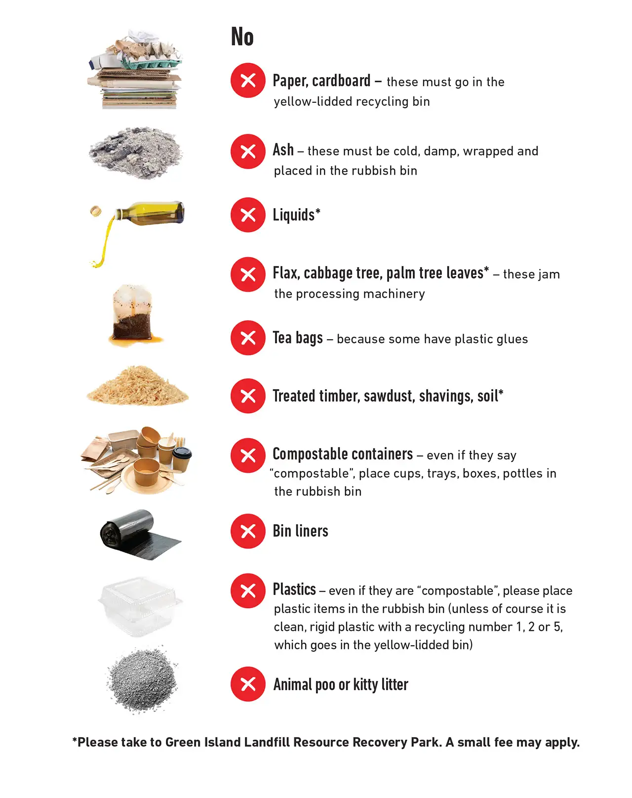 Unacceptable items for red-lidded rubbish bin