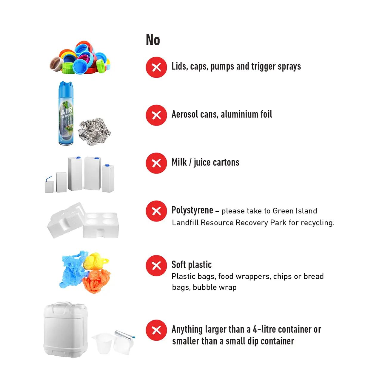 Unacceptable items for yellow-lidded mixed recycling